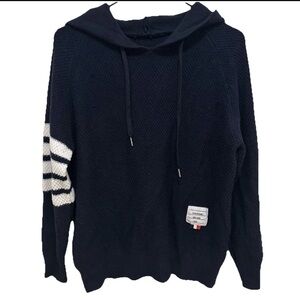Thom Browne Navy Blue Hoodie Sweater with Classic White Stripes Loopback SMALL